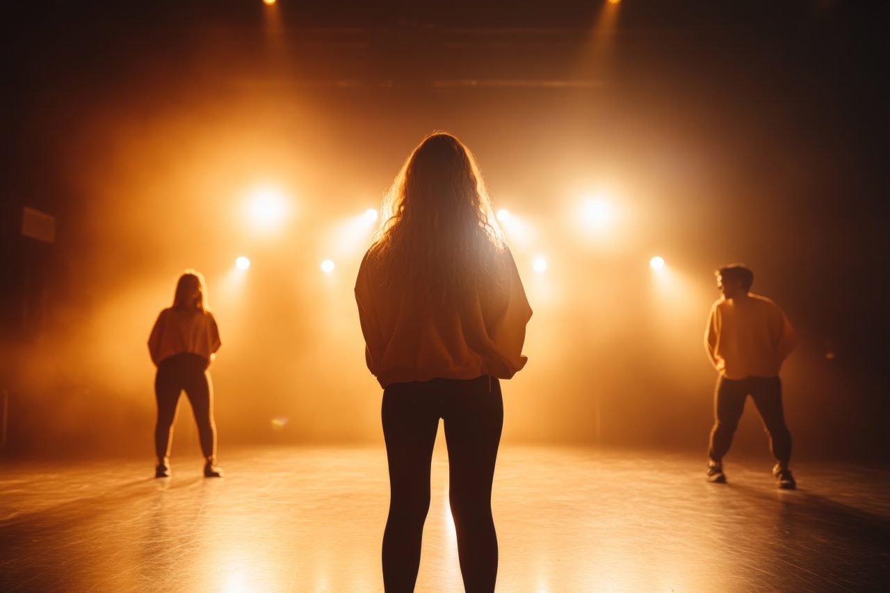 Dynamic dance performance under stage spotlight